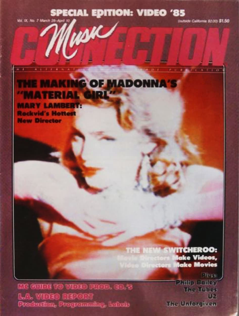 Madonna on the March 1985 Music Connection cover in an off-shoulder lace top with layered jewellery and fingerless gloves.